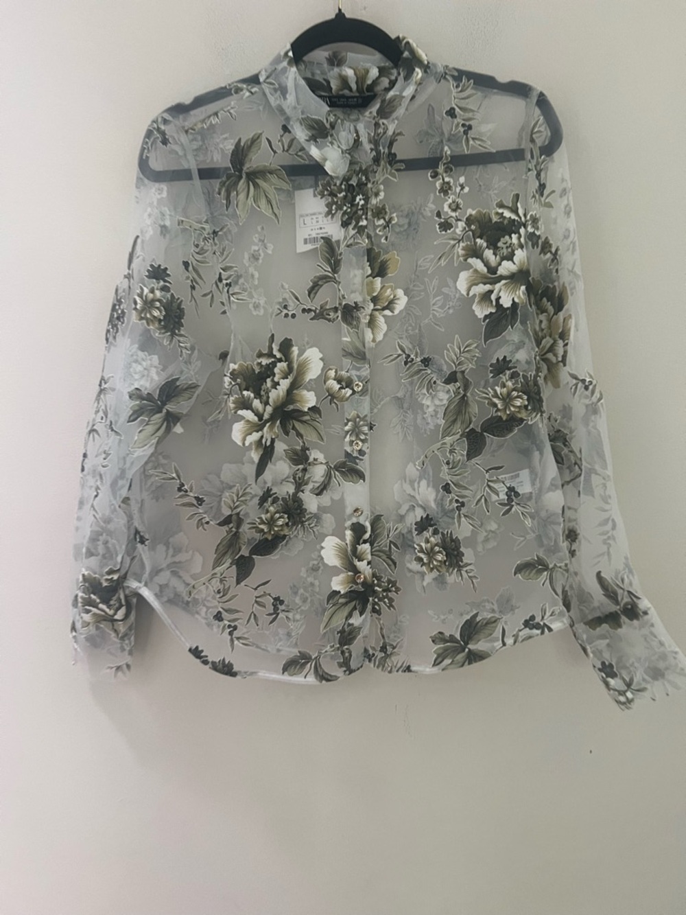 Zara White Sheer Floral Button-Front Blouse - Picture 7 of 13